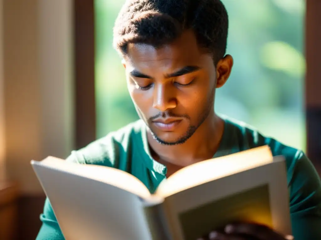 Persona concentrada leyendo un libro con luz natural