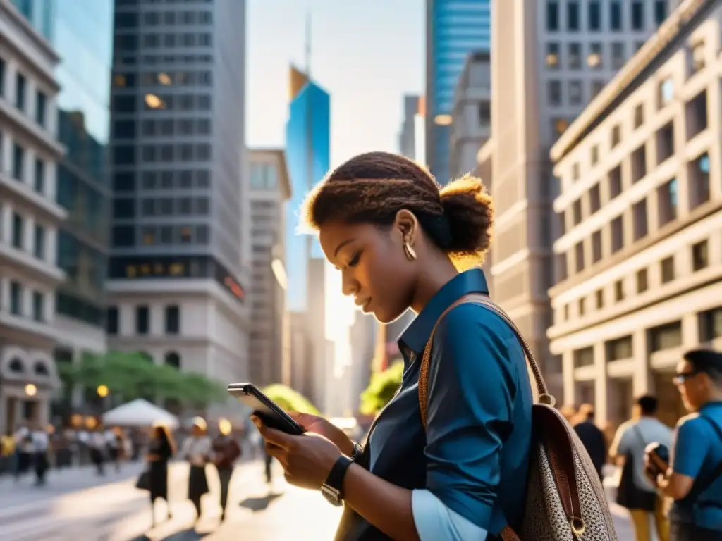 Persona concentrada leyendo mensaje en la ciudad