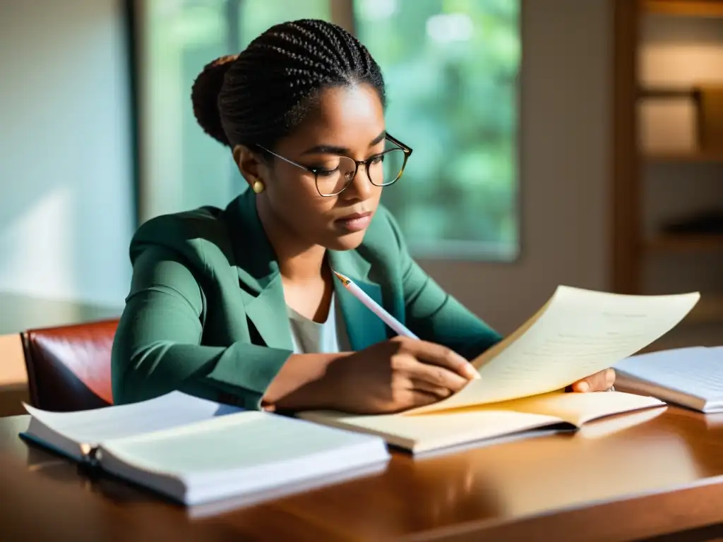 Persona concentrada leyendo y tomando notas en un concurso literario, destacando la importancia del feedback en concursos literarios