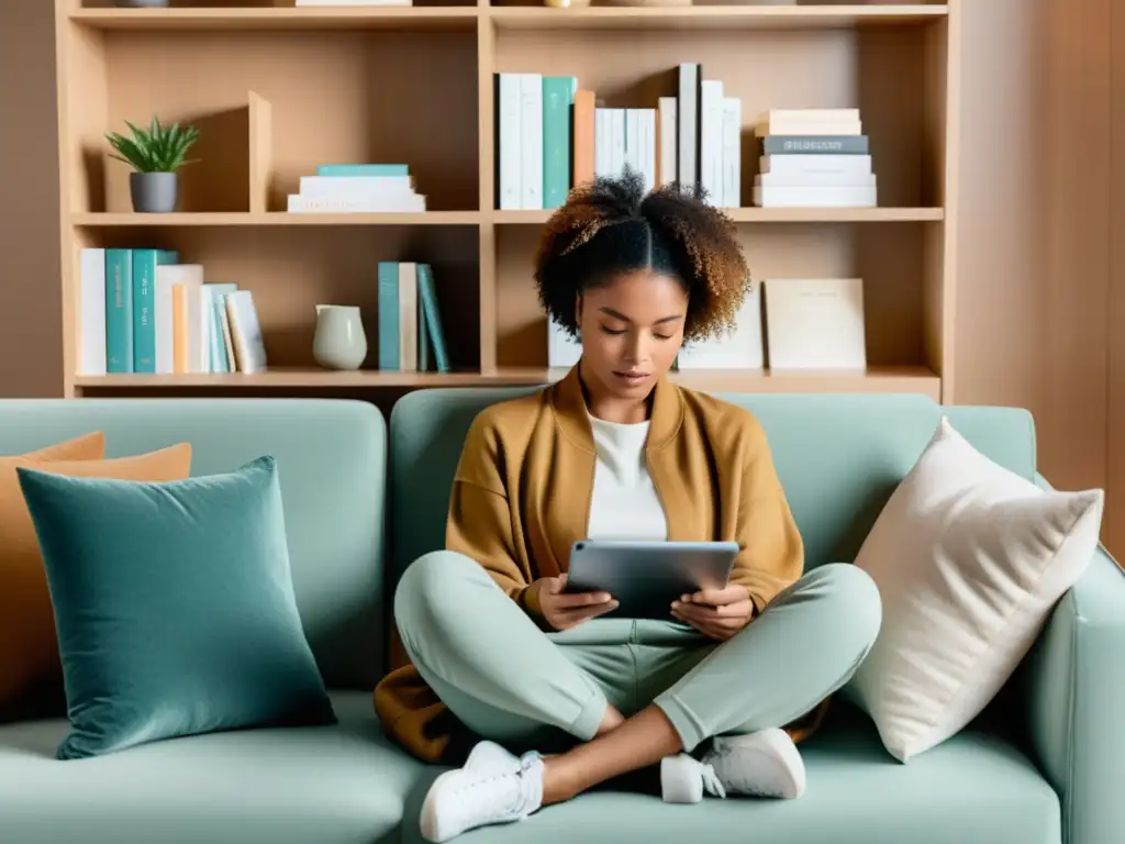 Persona concentrada en recursos efectivos para aprender idiomas en acogedor rincón de lectura bien iluminado, con tablet y bebida cerca