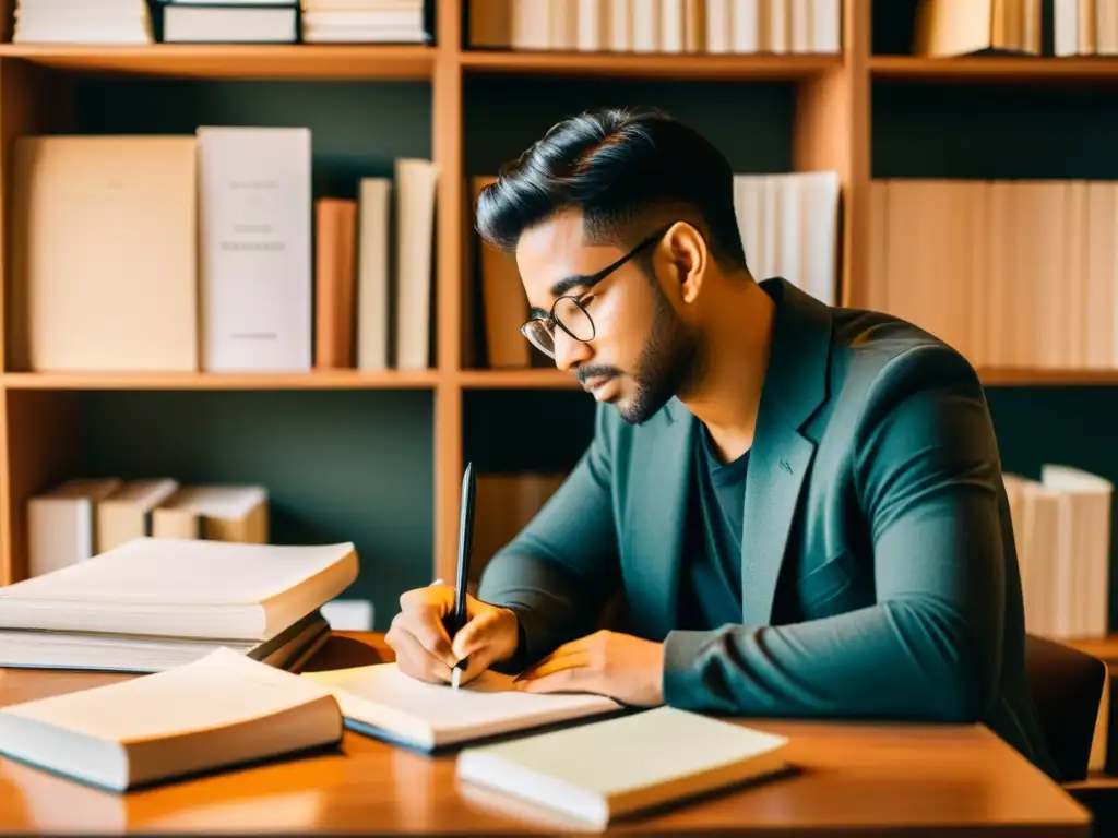 Persona concentrada escribiendo rodeada de libros y papeles, en ambiente acogedor y enfocado