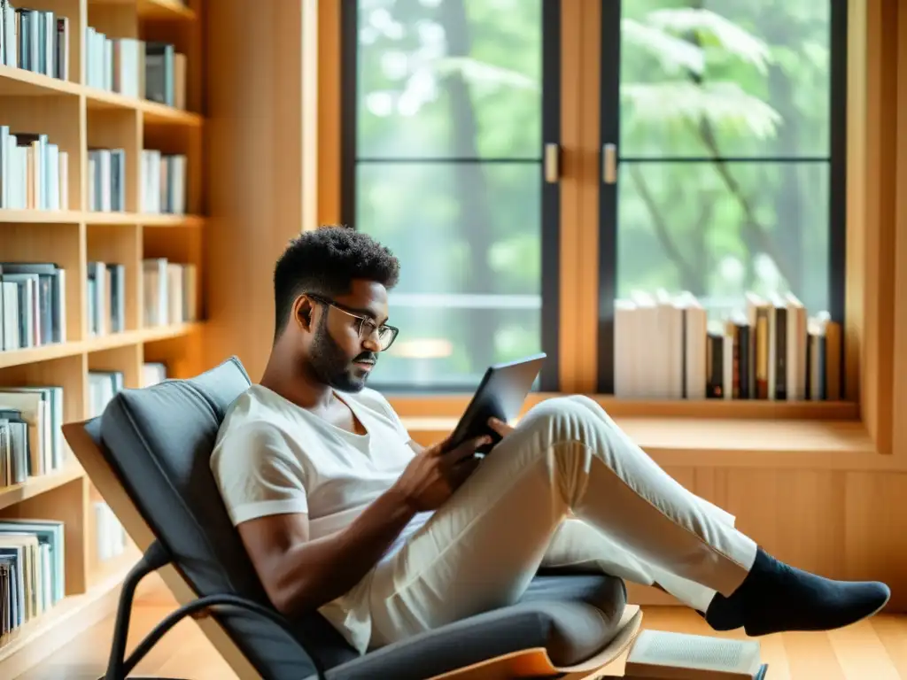 Persona concentrada leyendo en una silla acogedora rodeada de pilas de ebooks, con un lector electrónico, iluminada por luz natural cálida