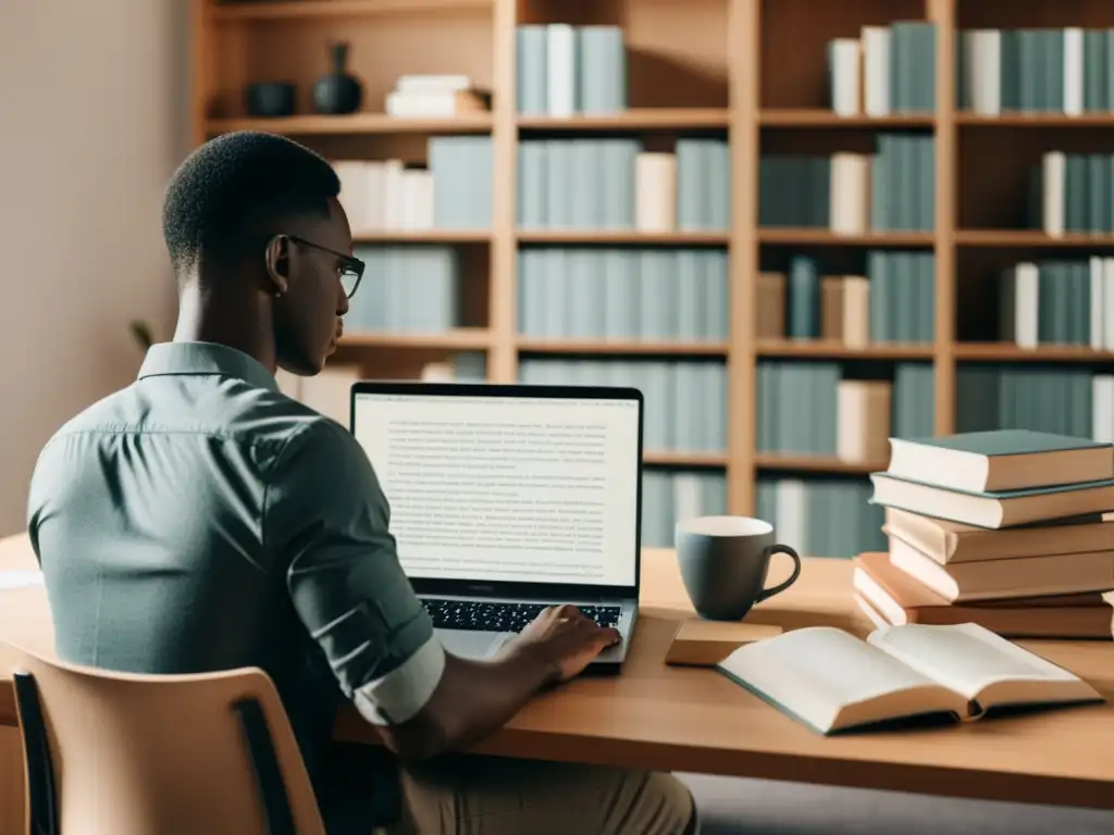 Persona concentrada usando software de escritura con tesauro, rodeada de libros y diccionarios en una atmósfera serena y enfocada