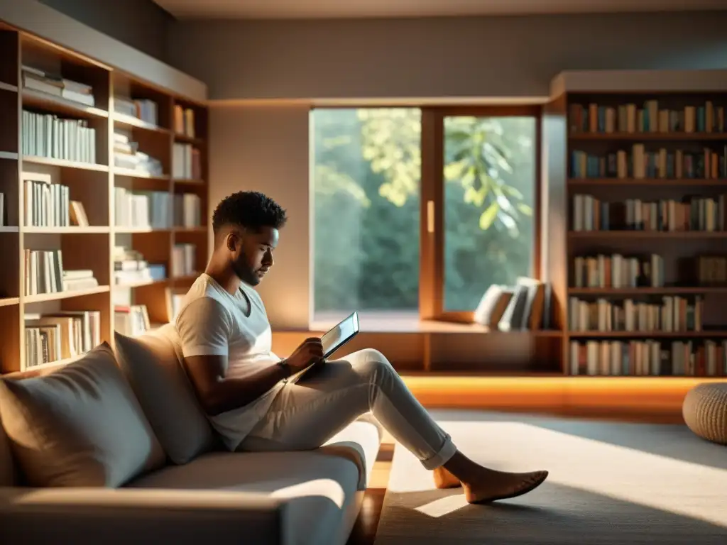 Persona concentrada leyendo en tablet en una habitación minimalista llena de libros, con luz natural