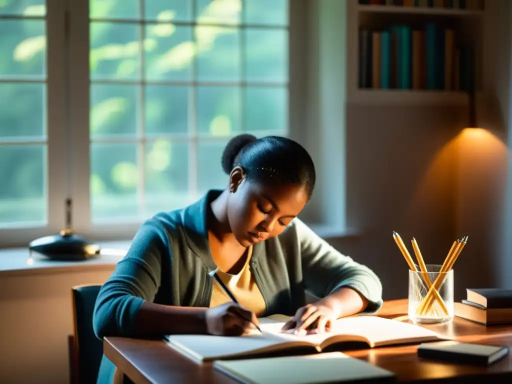 Persona concentrada en técnicas de escritura sensorial, evocando los cinco sentidos en calma junto a la ventana