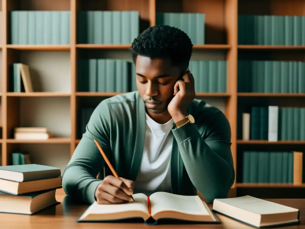 Persona en consulta literaria, inmersa en pensamientos, rodeada de libros y útiles de escritura