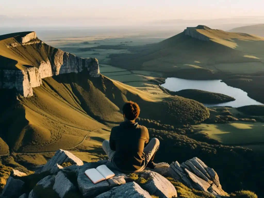 Persona contemplativa en acantilado, con paisaje expansivo, sosteniendo cuaderno y pluma, evocando la literatura de viajes siglo XXI