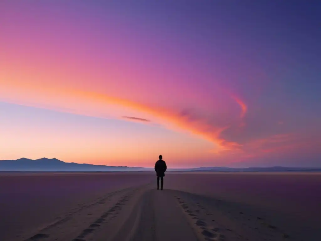 Persona contemplativa admirando el atardecer en la llanura, invita a elegir la perspectiva narrativa adecuada