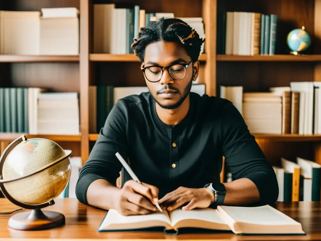 Persona contemplativa escribiendo en un diario, rodeada de libros, un globo terráqueo y una cámara vintage