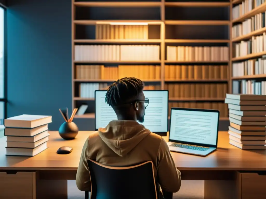 Creación de Narrativa Interactiva: Inspiración en Escritorio Persona contemplando la creación de historias interactivas en su escritorio rodeada de libros