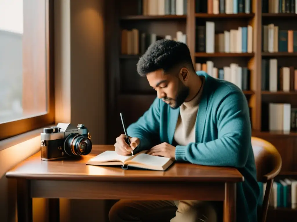 Persona escribiendo en un cuaderno rodeada de libros de viajes, globo terráqueo y cámara vintage, en una escena tranquila y enfocada