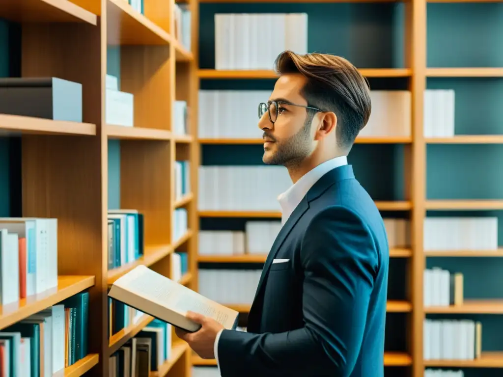 Una persona selecciona con cuidado un libro de un estante organizado, expresando determinación y estrategia para publicar un libro