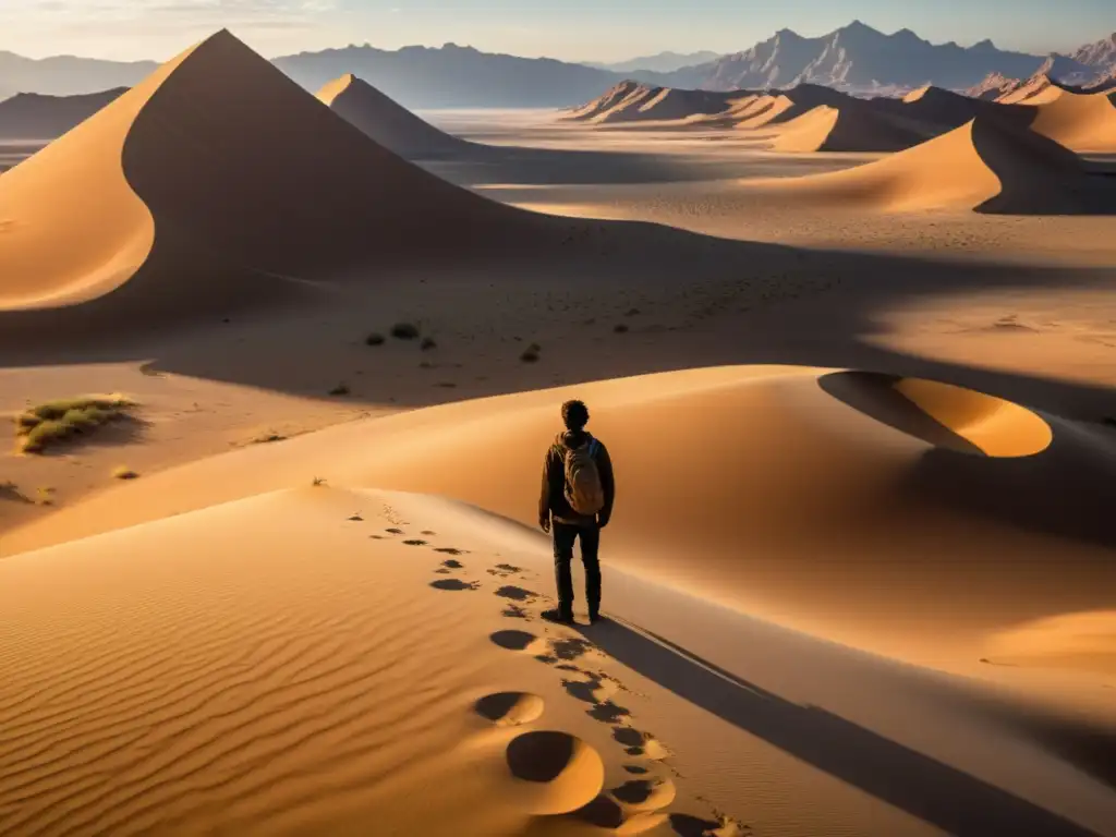 Persona en desierto contempla paisaje surrealista con islas flotantes y montañas boca abajo