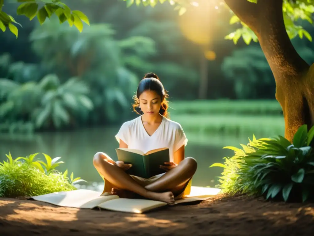 Persona en meditación con diario, rodeada de exuberante naturaleza y luz dorada, evocando retiros de escritura espirituales místicos