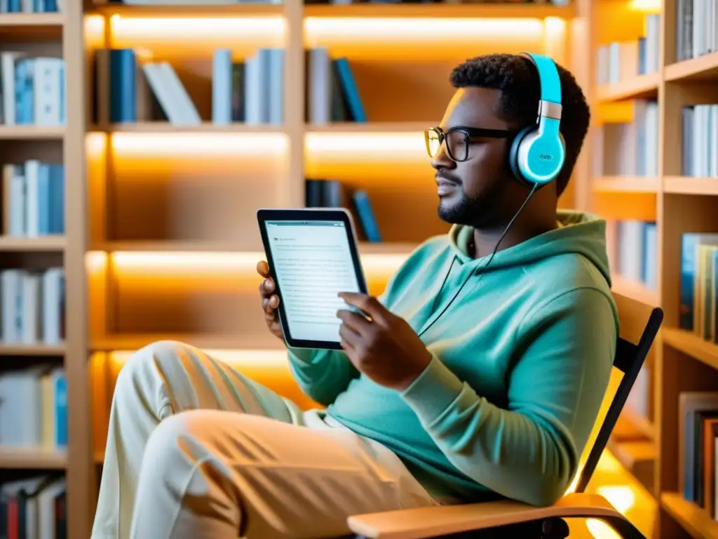 Una persona con discapacidad visual escucha un audiolibro en su tablet rodeada de libros en braille y su perro guía