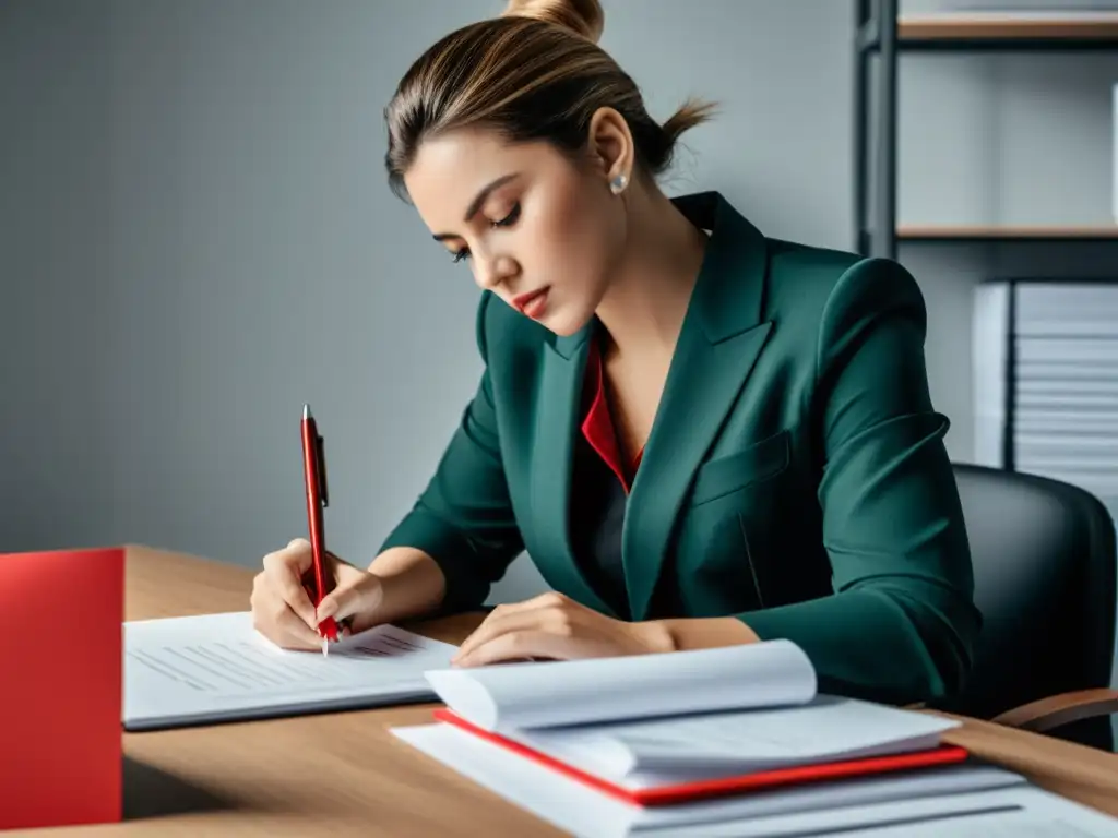 Persona editando documentos con atención en un escritorio minimalista, transmitiendo profesionalismo y importancia en la corrección de textos