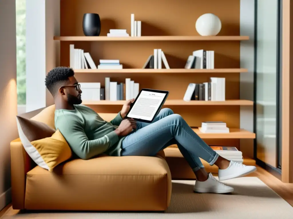 Persona leyendo un ebook en una acogedora área de lectura, rodeada de tecnología moderna y libros físicos