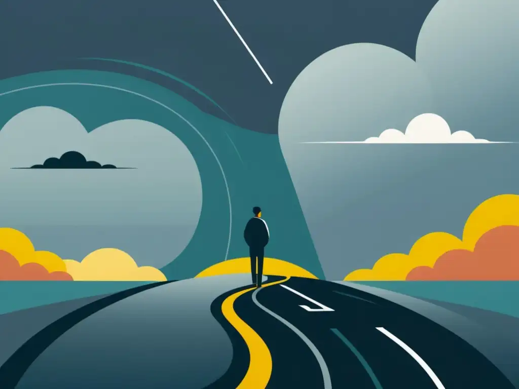 Persona en la encrucijada, mirando dos caminos: uno soleado, el otro tormentoso