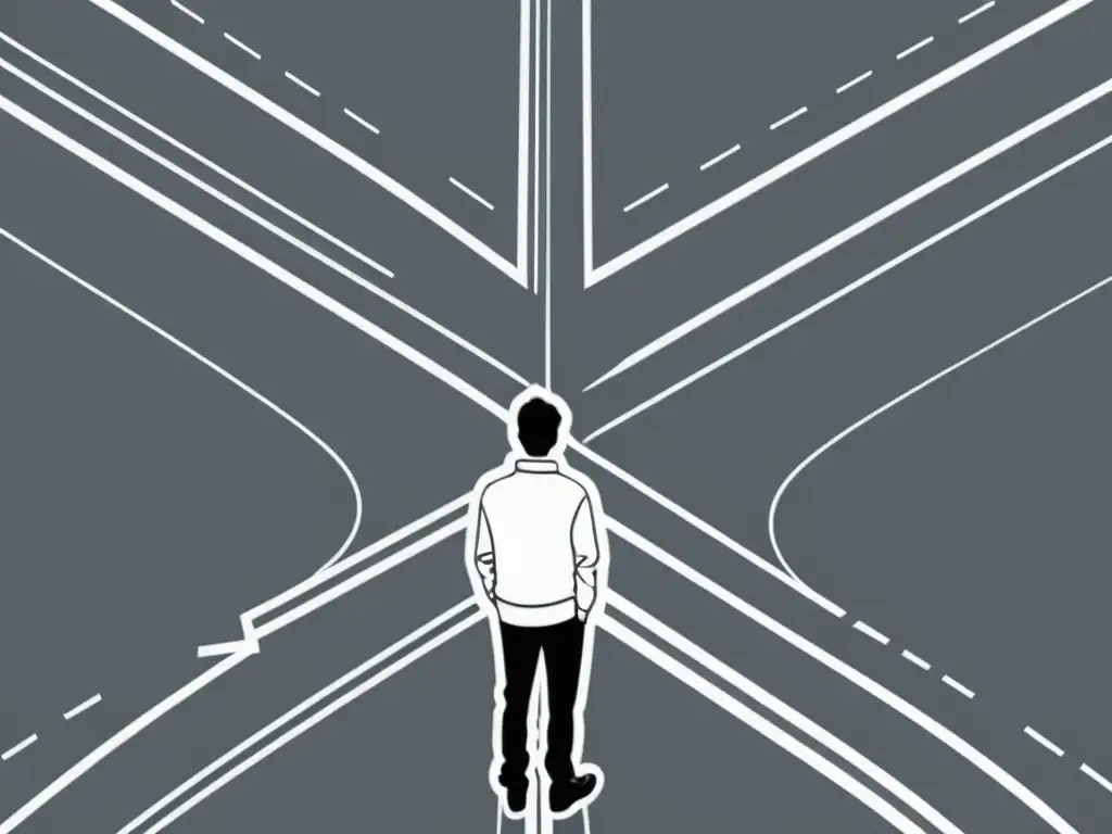 Persona en encrucijada, reflexionando sobre múltiples caminos que representan la crisis de identidad narrativa contemporánea