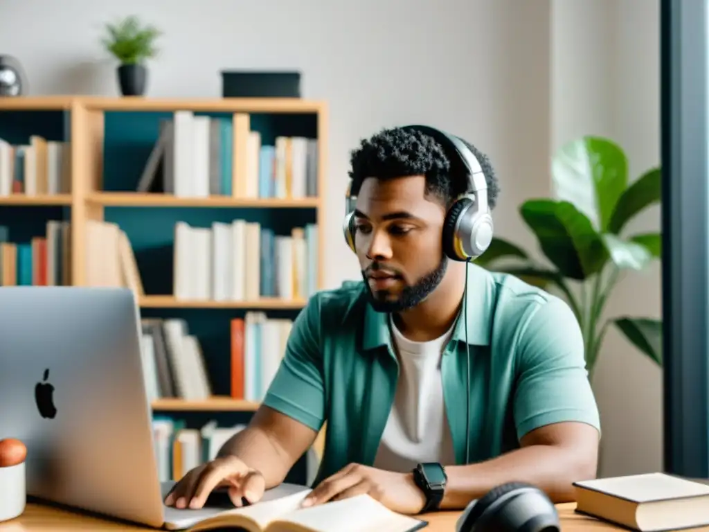 Persona enfocada y determinada creando un audiolibro en un estudio casero con luz natural y libros ordenados en el escritorio