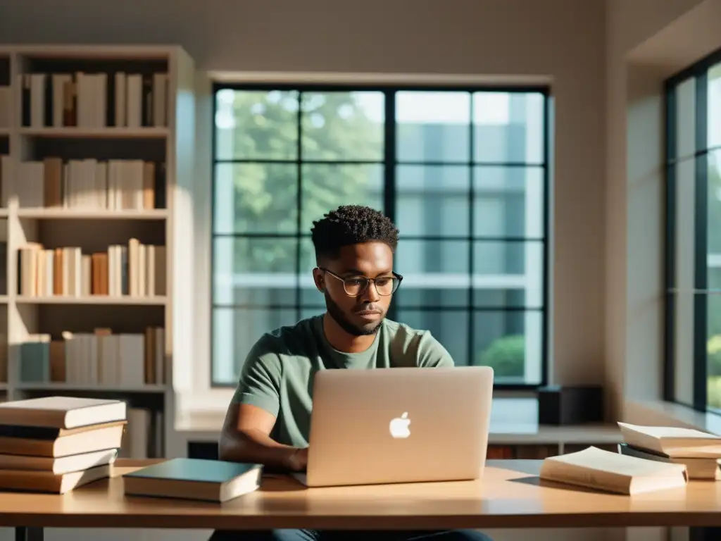 Persona enfocada y determinada escribiendo en laptop en un entorno contemporáneo con libros y luz natural