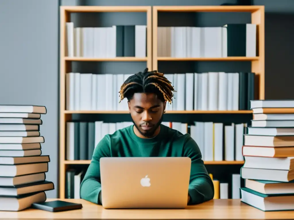 Persona enfocada y determinada escribiendo en laptop rodeada de libros y papeles, reflejando la esencia de la autopublicación en India