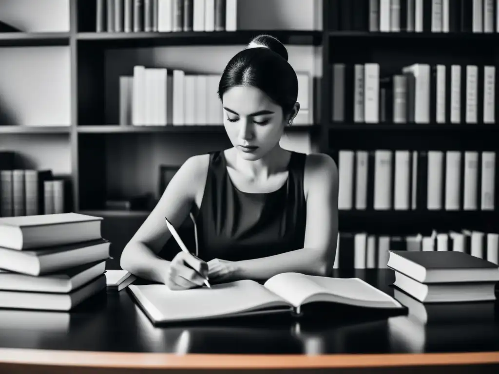 Escritor enfocado en oficina minimalista Persona enfocada escribiendo en un escritorio rodeado de libros, lámpara moderna y artículos decorativos