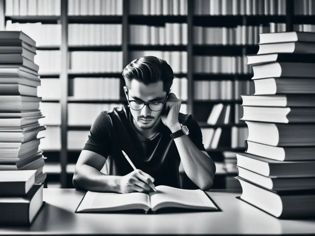 Persona enfocada editando un manuscrito en un escritorio, rodeada de libros y papeles