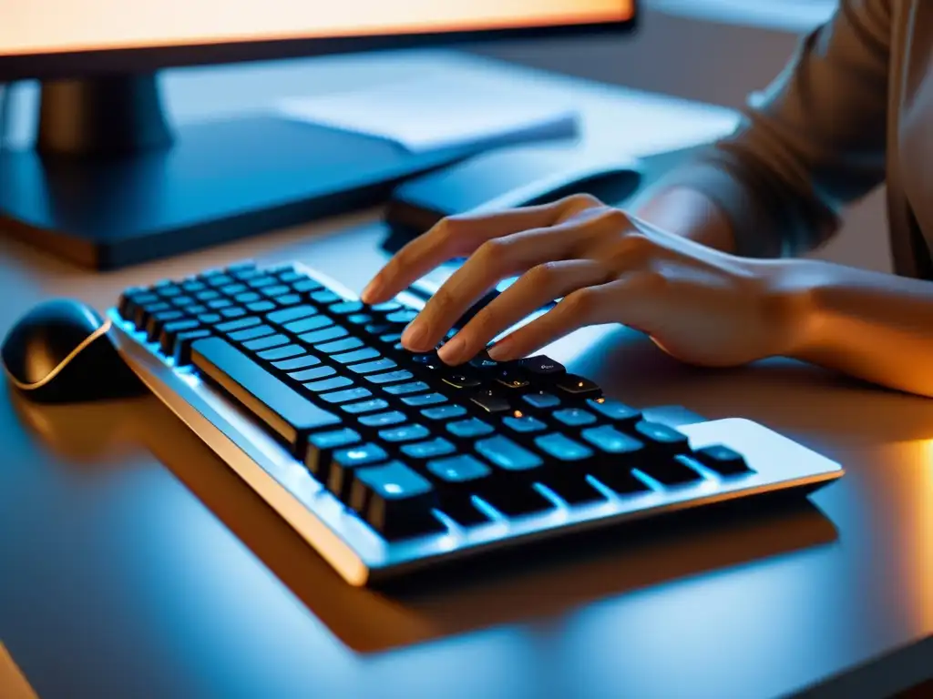 Persona enfocada escribiendo en un teclado moderno, iluminado por una suave luz cálida