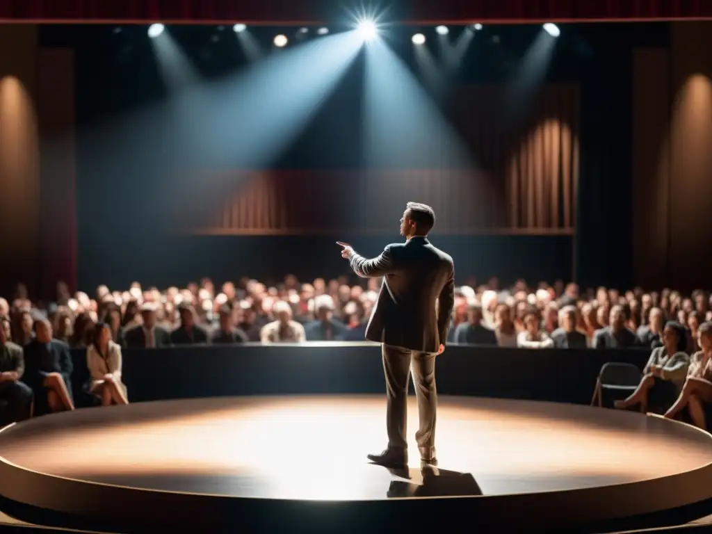 Persona en el escenario enfrentando críticas constructivas en revisión literaria con gracia y confianza, mientras la audiencia observa en sombras