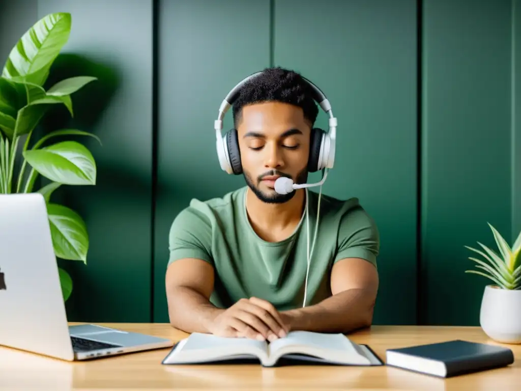 Persona trabajando en su escritorio con audiolibros autoeditados y auriculares, ambiente moderno y productivo