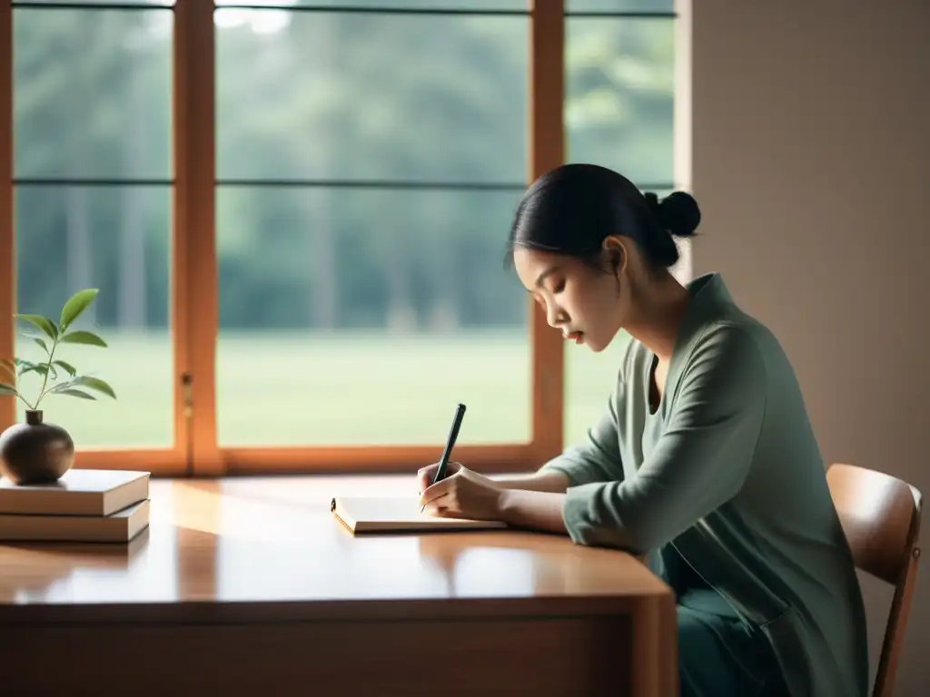 Persona escribiendo en un escritorio, iluminada por luz natural