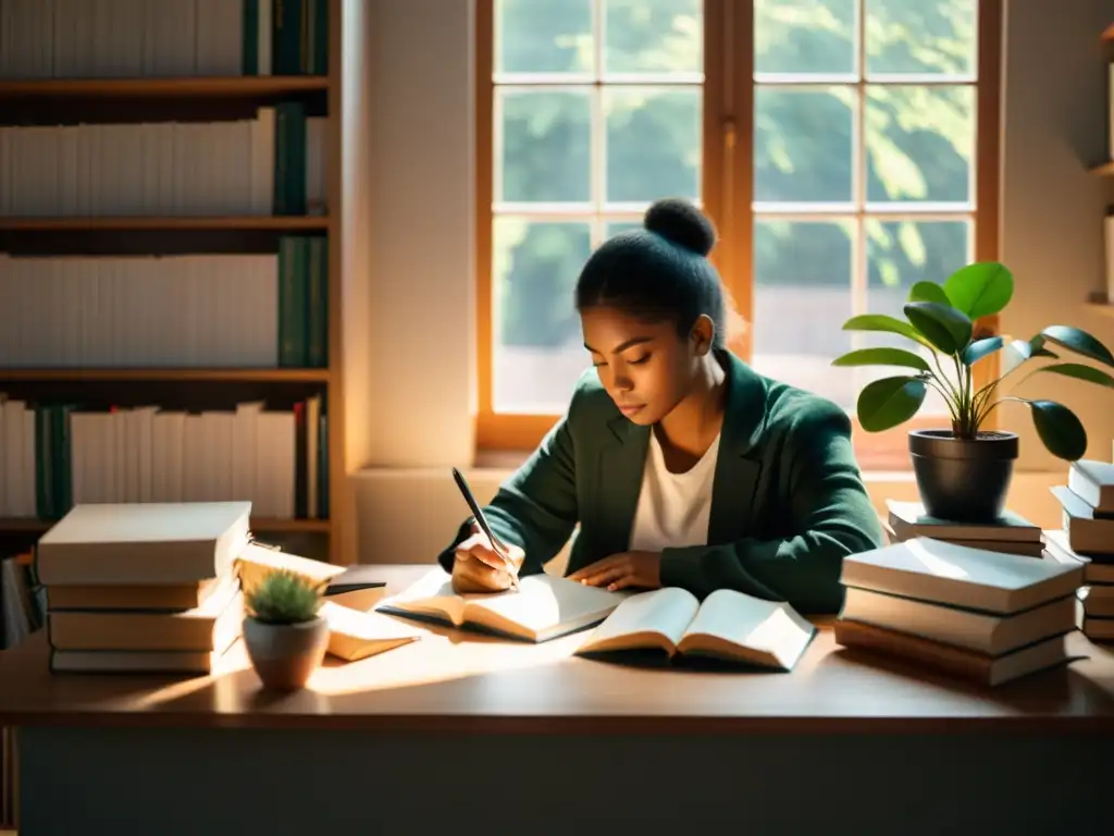 Persona escribiendo en un escritorio con libros, iluminada por luz natural