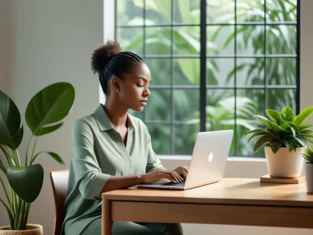 Persona trabajando en un escritorio limpio y tranquilo, rodeada de plantas, con luz natural