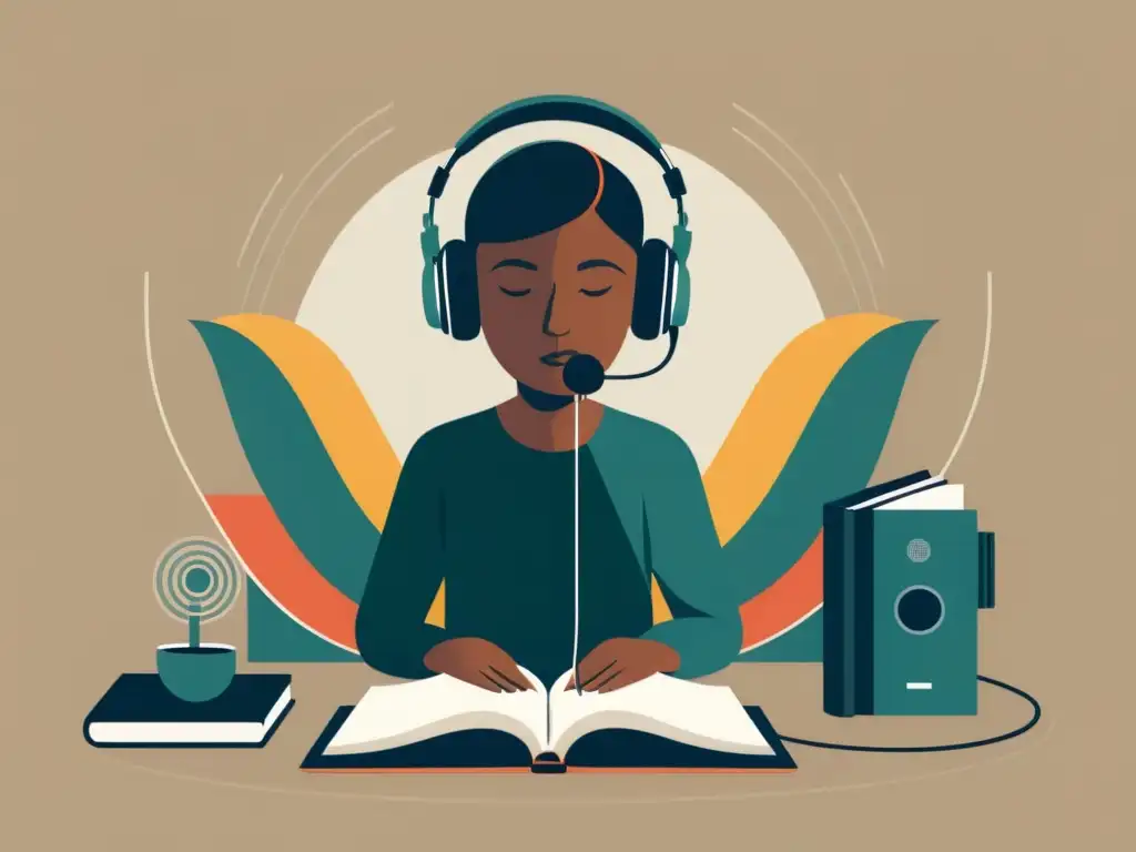 Persona en escritorio con micrófono, libro y auriculares rodeada de ondas de sonido y equipo de podcasting