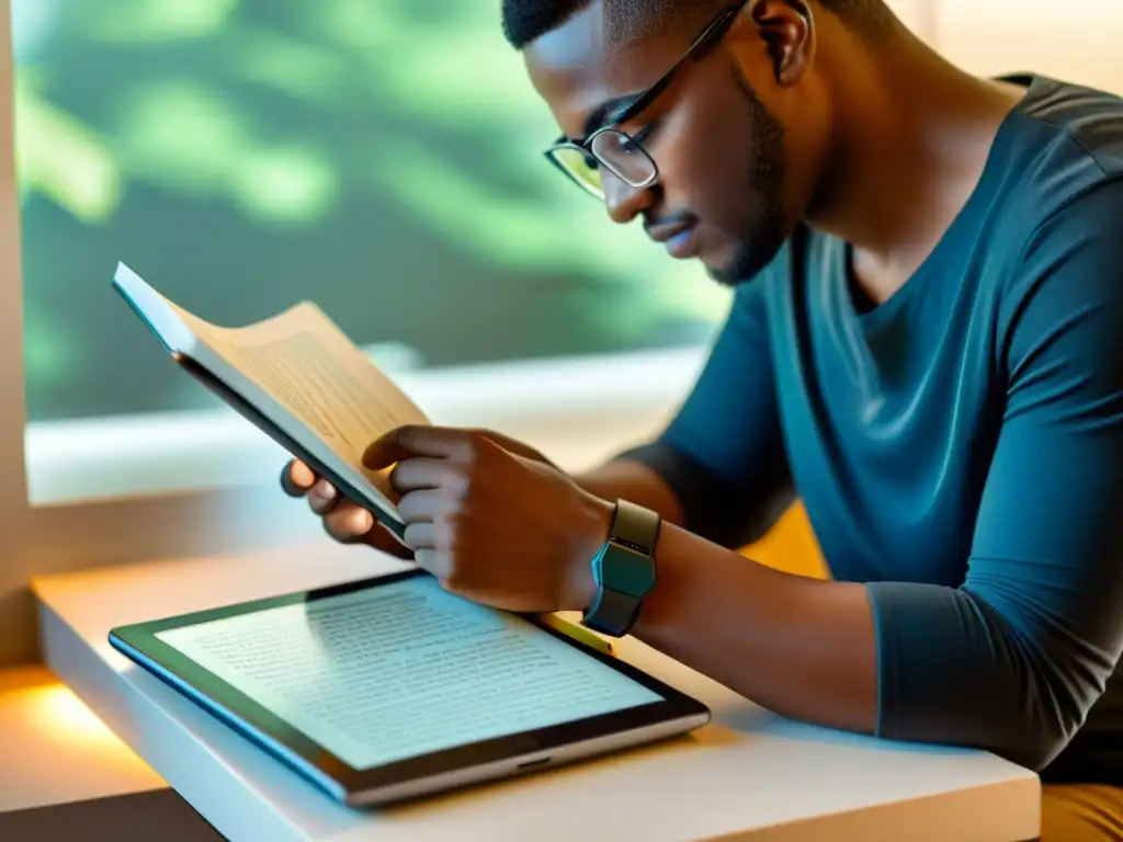 Persona leyendo en un escritorio moderno con libros y lector electrónico