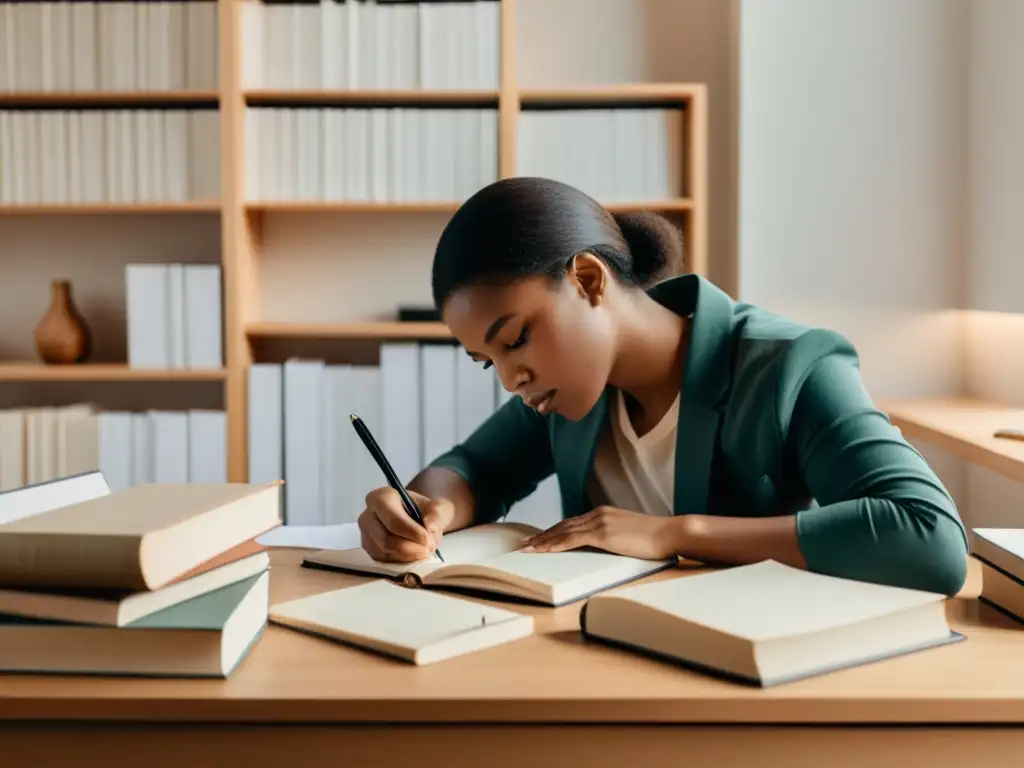 Persona escribiendo en un escritorio, rodeada de libros y papeles, bañada en luz cálida