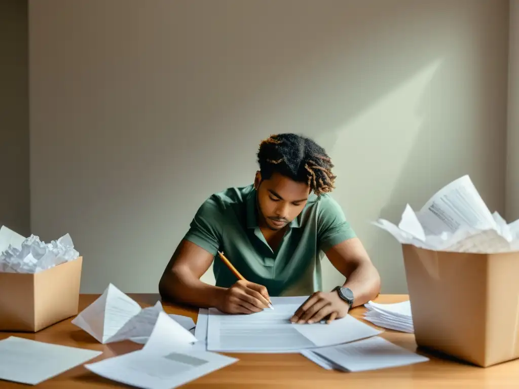 Persona en escritorio rodeada de papel arrugado, reflexiva y determinada