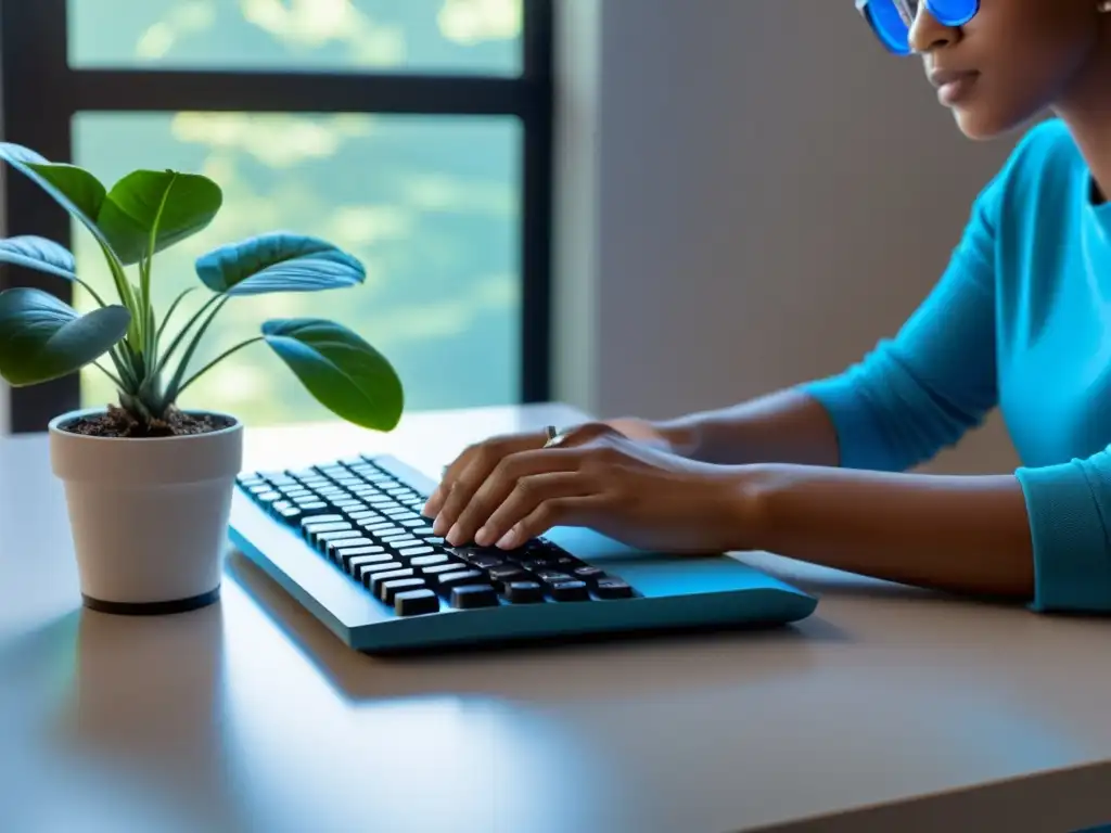 Persona trabajando en un escritorio con teclado moderno y gafas de filtro de luz azul, creando un ambiente minimalista y profesional