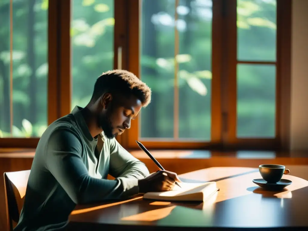 Persona en escritura terapéutica, reflejando serenidad e introspección en un ambiente iluminado por luz natural