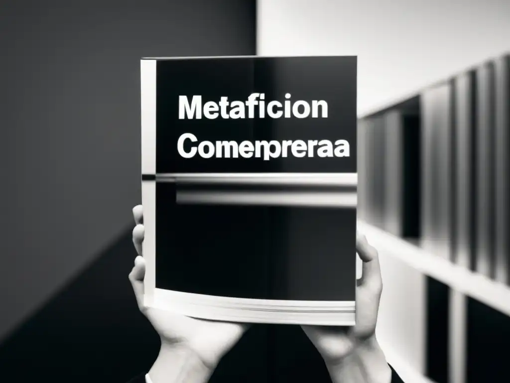 Persona sosteniendo un espejo con reflejo de un libro con 'metaficción literatura contemporánea' en la portada, expresión contemplativa