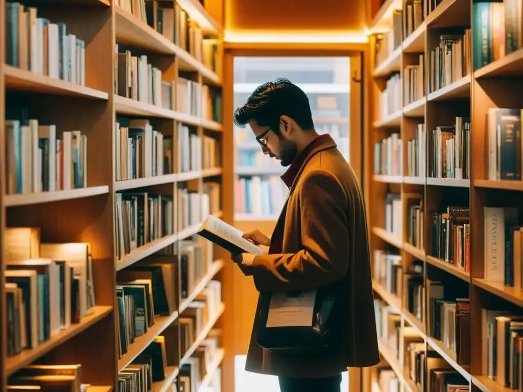 Persona explorando estantería en librería acogedora, expresión reflexiva