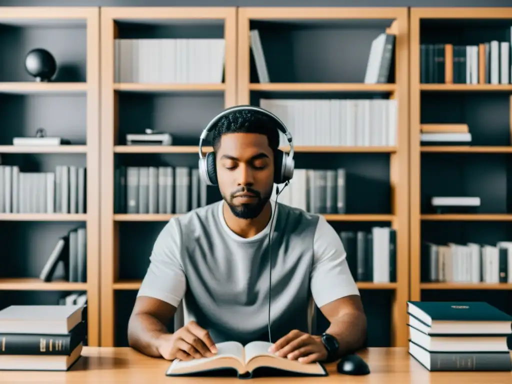 Persona grabando en estudio casero rodeada de libros, en ambiente profesional para el mercado de audiolibros autoeditados