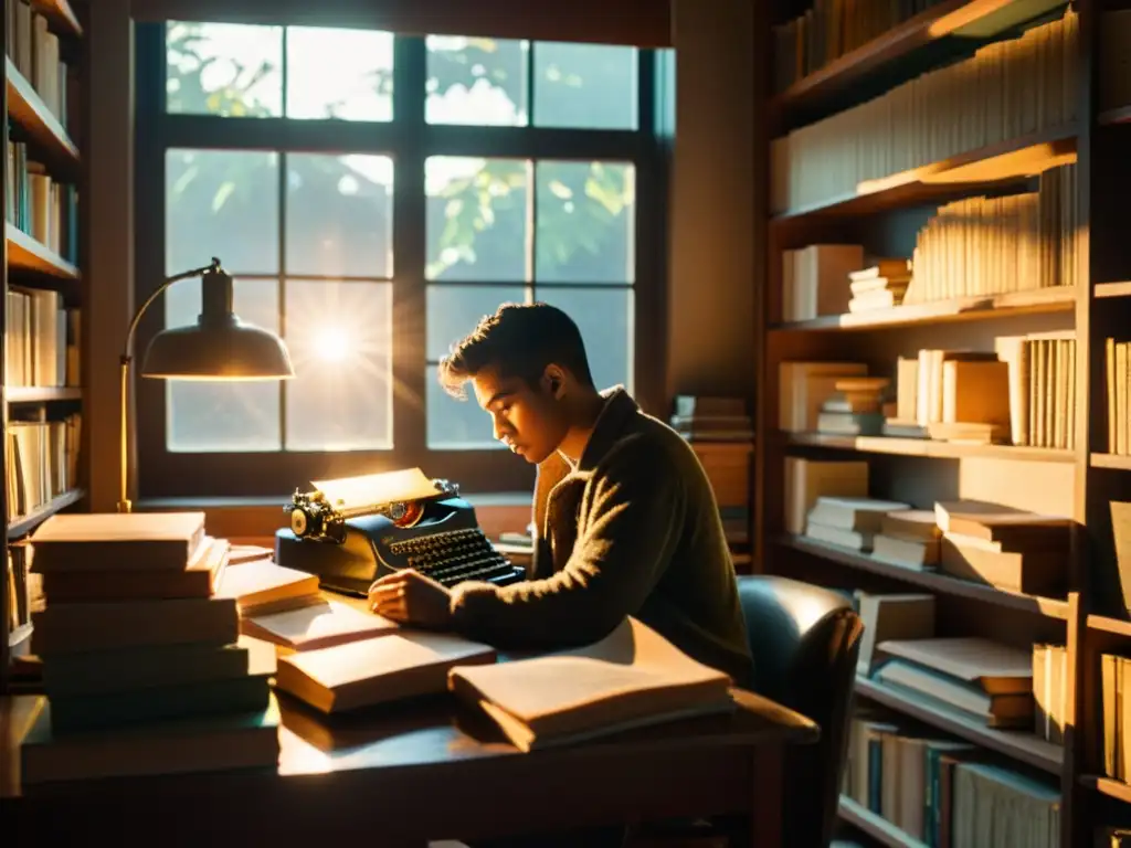 Persona reflexionando en estudio desordenado, rodeada de libros antiguos y papeles, iluminada por luz cálida