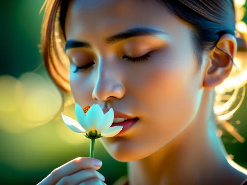 Una persona disfrutando de la fragancia de una flor, utilizando técnicas de escritura sensorial para evocar los cinco sentidos