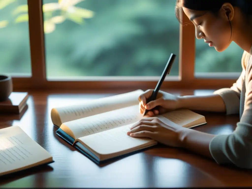 Una persona se sienta frente a un escritorio, iluminada por suave luz natural