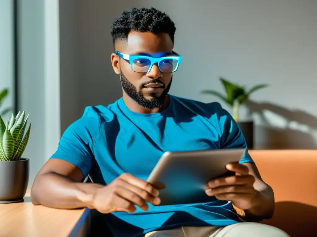 Persona con gafas de bloqueo de luz azul leyendo libro digital en entorno minimalista