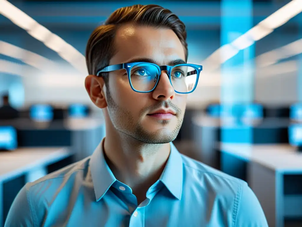 Persona con gafas enfocada en pantalla digital en ambiente de oficina moderna, transmitiendo calma y profesionalismo