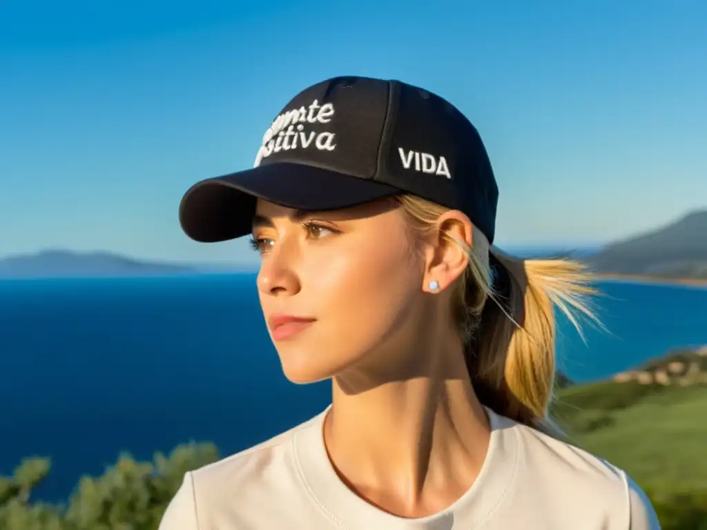 Persona con gorra negra con la frase 'Mente positiva, vida positiva' en la frente, mirando determinada hacia el horizonte en paisaje sereno