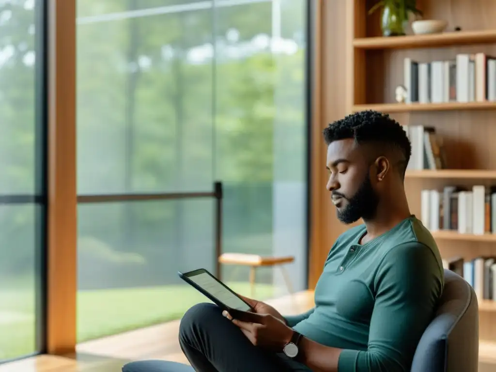 Persona leyendo en una habitación moderna con luz natural, sosteniendo un elegante lector electrónico